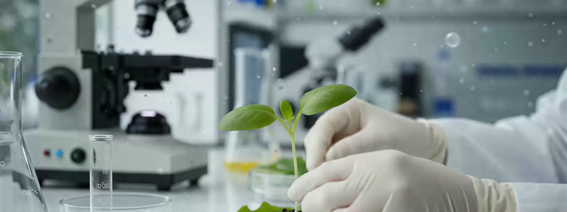 Gloved hands handling a seedling in a laboratory