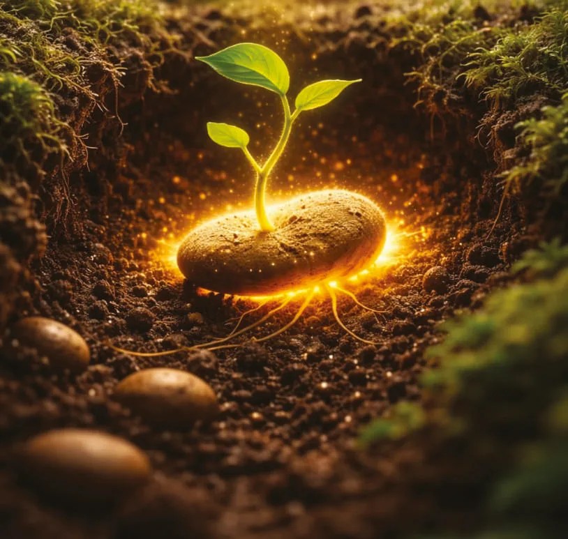 A seedling sprouting from glowing soil